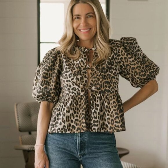 🐆 Leopard Print Tie Front Babydoll Blouse | Puff Sleeve | NWT | Size Small - Picture 1 of 8